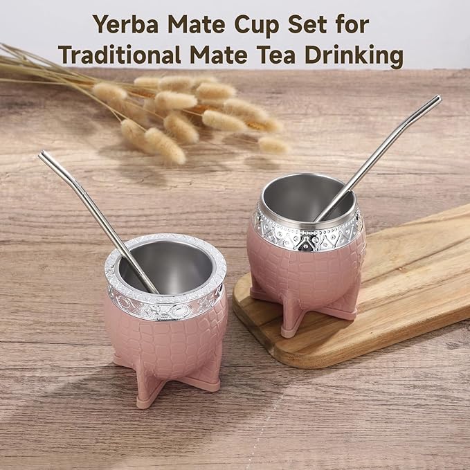 2PCS Yerba Mate Cup, 6 oz Stainless teel Mate Cup with Straw, Double Wall Vacuum Insulated Yerba Mate Gourd for Traditional Mate Tea Drinking (Light Brown)