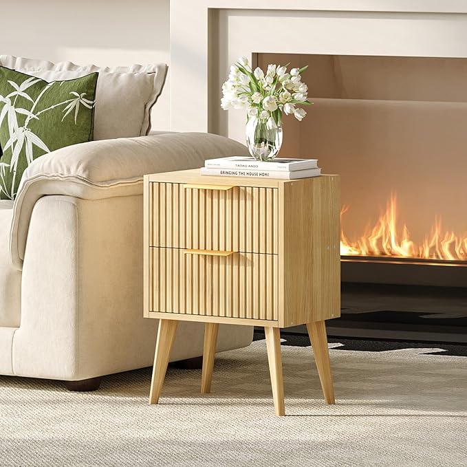 Fluted Nightstand,Small Bedside Table,Natural Wood Night Stand,Light Wood Side Table with Solid Wood Legs,End Table for Bedroom,Small Space 11.8" D x 16" W x 22.4" H Natural CTG55Y