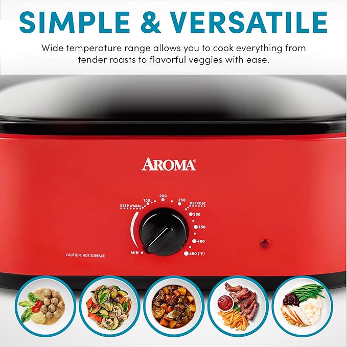 AROMA 18Qt. Roaster Oven with Self-Basting Lid, Fits 22-lb. Turkey, Adjustable Temperature Settings, Keep Warm Setting, Red (ART-718R)