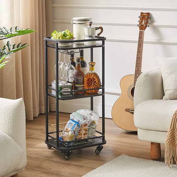 IBUYKE 3-Tier Home Bar Serving Cart,Kitchen Storage Carts with Wheels,11.79x15.72x33.01 inches,Rolling Mini Bar Cart for Home, Outdoor, Kitchen, Bedroom TMJ319B