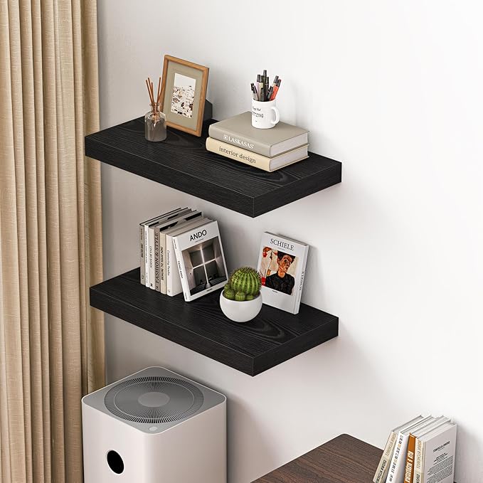 Dreamland 24" Floating Shelves for Wall, 12" Deep Thicker Black Floating Shelves, Wall-Mounted Shelves for Bedroom, Living Room, Kitchen, Bathroom - Set of 2