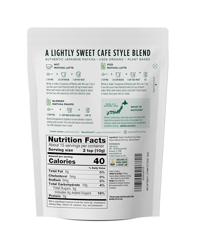 Jade Leaf Matcha Organic Grade Matcha Green Tea Powder - Japanese - Culinary, Ingredient, Ceremonial Barista Teahouse, Latte, Collagen, 5.3 Ounce (Pack of 1), Vanilla Matcha Latte
