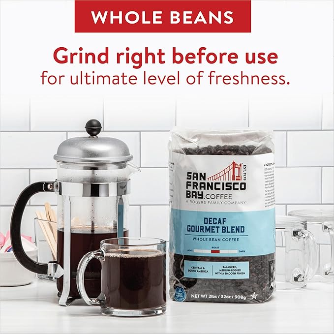 SAN FRANCISCO BAY SF Coffee Whole Bean 2LB Medium Roast Swiss Water Processed Decaffeinated, Decaf Gourmet Blend, 2 Pound (Pack of 1), 32 Ounce