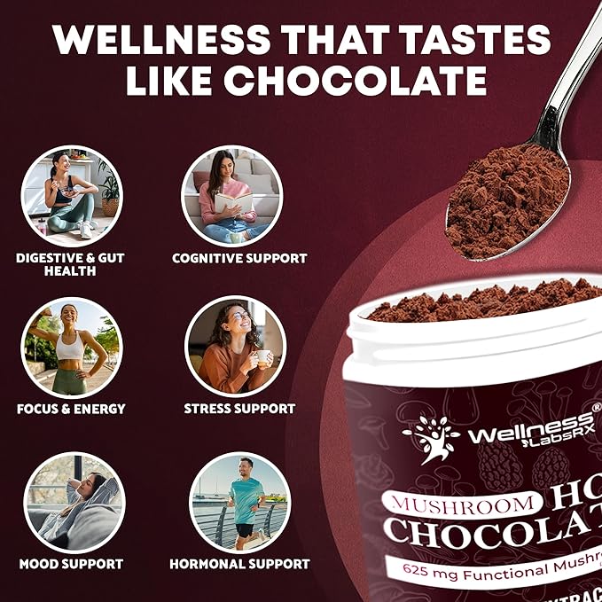 Mushroom Hot Chocolate Powder with Reishi 10:1 Extract, Hot Cocoa Powder Caffeine-Free Mushroom Coffee Alternative - Adaptogenic Superfood Drink for Focus, Relaxation, and Mood Support - 30 Servings