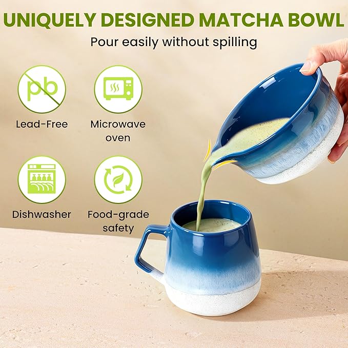Matcha Whisk Set, Ceramic Matcha Kit Desert Style, Matcha Whisk and Bowl, Bamboo Scoop and Rest, Sifter and Tea Towel, 7 Pcs Gifts for Matcha Lover (Blue)