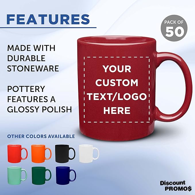 Custom Ceramic Coffee Mugs 11 oz. Set of 50, Personalized Bulk Pack - Coffee cup set, Iced coffee cup, Gaming mug - Red