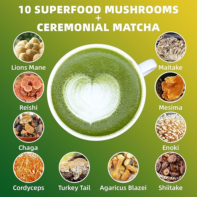 Mushroom Matcha, 10 Superfood Mushroom Powder Blend with Japanese Ceremonial Grade Matcha, Mushroom Coffee Alternative for Energy, Focus, Immunity