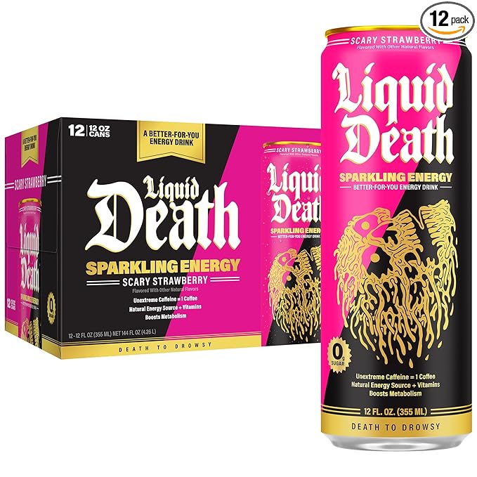 Liquid Death Sparkling Energy - Scary Strawberry, Sugar-Free Energy Drink, Unextreme Caffeine 100mg, Essential Vitamins, 12 Fl Oz (Pack of 12)