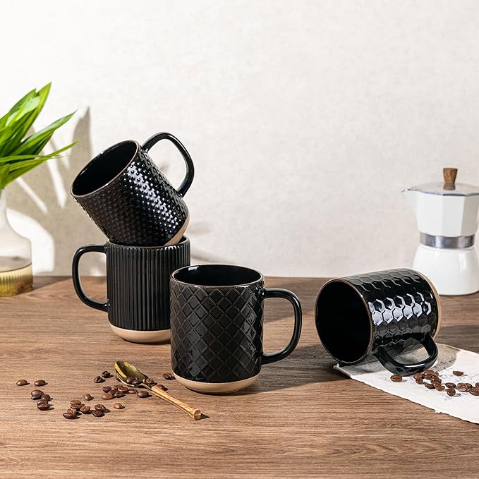 GBhome Large Coffee Mugs Set of 4, 16oz Handmade Stoneware Coffee Mugs Set with Large Handle for Cappuccino/Latte/Tea/Hot Cocoa, Dishwasher & Microwave Safe, Black
