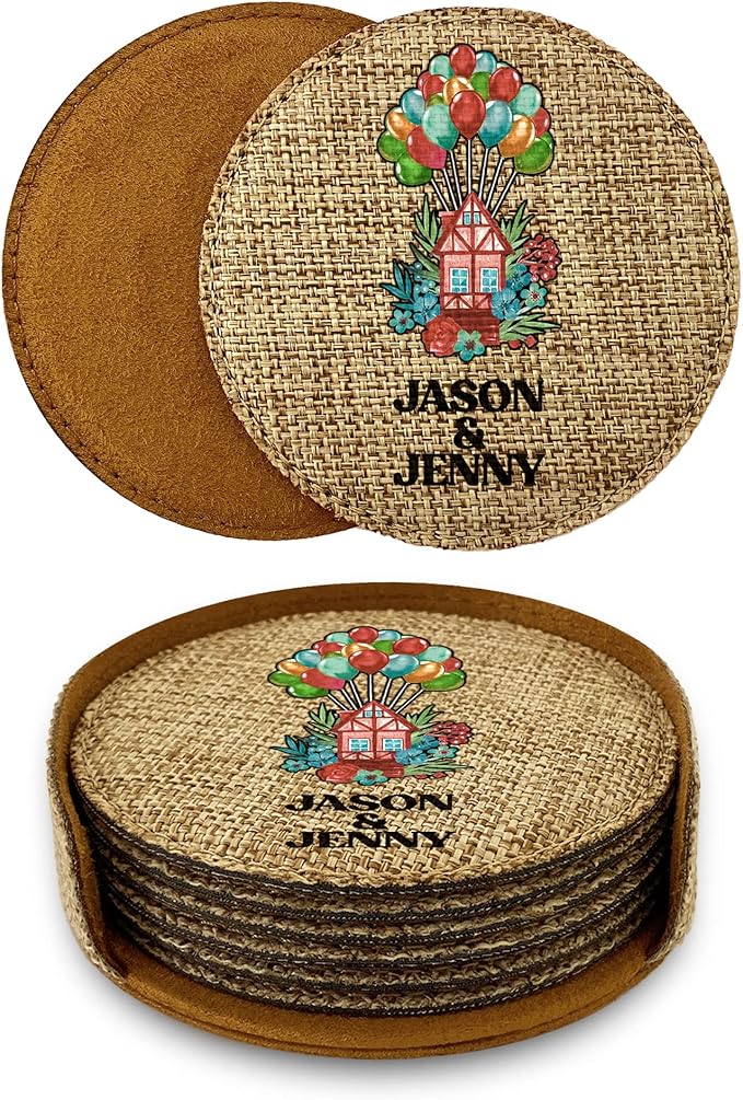 Smile Art Design Couple Names Custom Coaster Set of 6 with Base Round Burlap Material Home Design Personalized Prints Personalized Gifts House Warming Wedding Rustic Decor Style10