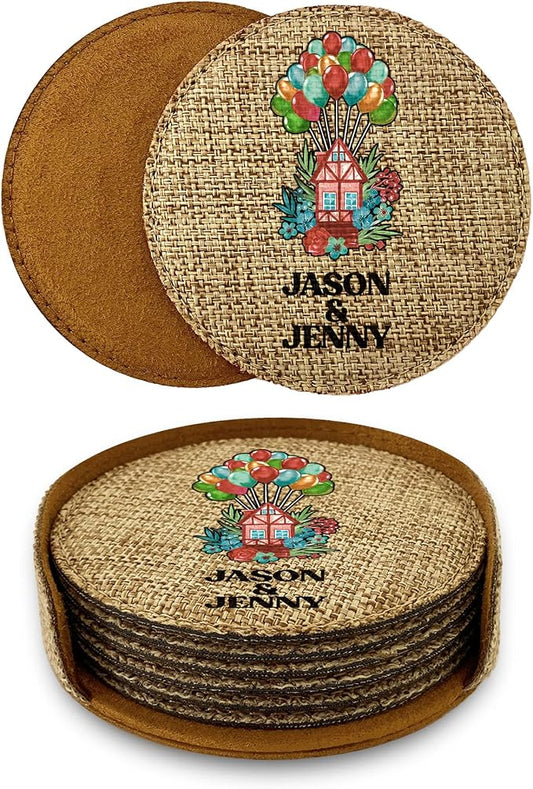 Smile Art Design Couple Names Custom Coaster Set of 6 with Base Round Burlap Material Home Design Personalized Prints Personalized Gifts House Warming Wedding Rustic Decor Style10