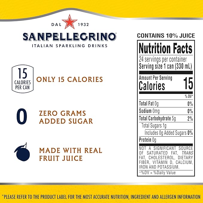 Sanpellegrino Zero Grams Added Sugar Italian Sparkling Drinks Lemonade, Sparkling Lemon Beverage, 24 Pack of 11.15 Fl Oz Cans