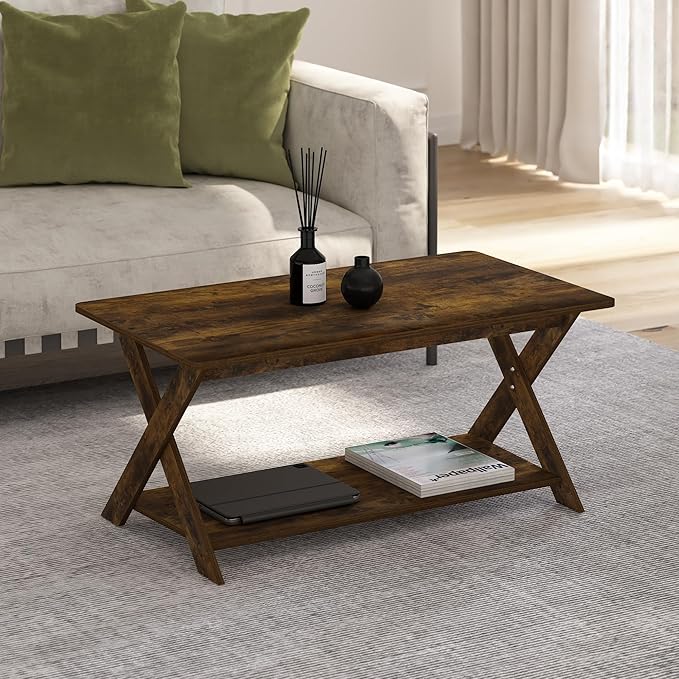 Furinno Modern Simplistic Coffee Table, 2-Tier Rectangle Modern Coffee Table with Open Shelf and X-Legs, Criss-Crossed Side Table, for Living Room, Bedroom, Home Office, Amber Pine