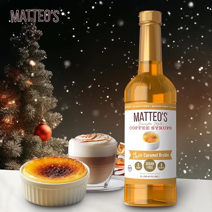 Matteo's Caramel Brulee for Coffee, Lattes, Cappuccinos & Desserts – Sugar-Free Sweetener for Beverages, Keto Friendly, Zero Calories, Indulgent Flavor, Non-Alcoholic,Ideal for Hot Drinks 33.8oz (6pk)