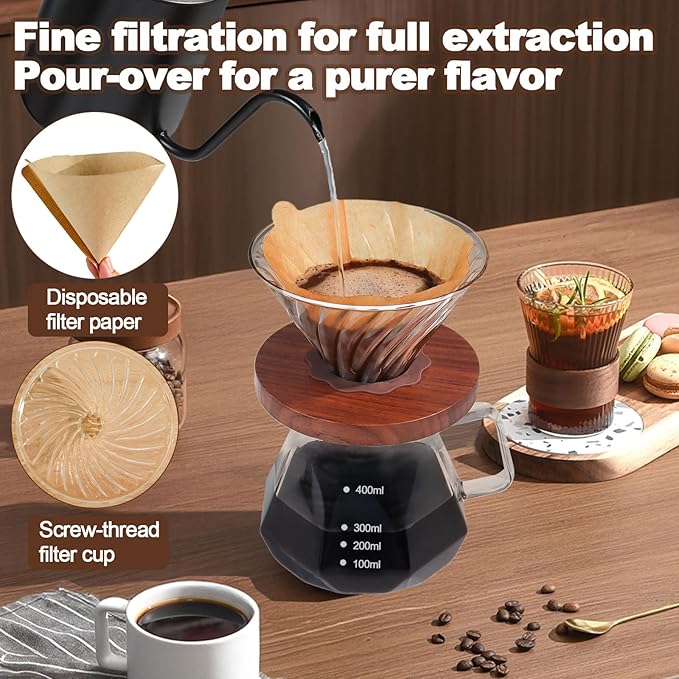 Pour Over Coffee Maker Set 400ml 13.5oz Portable with 50 Pcs Filter Paper Glass Coffee Maker High Borosilicate Glass Eagle Beak Spout Design Walnut Wood Base for Pour Over for Daily Brewing
