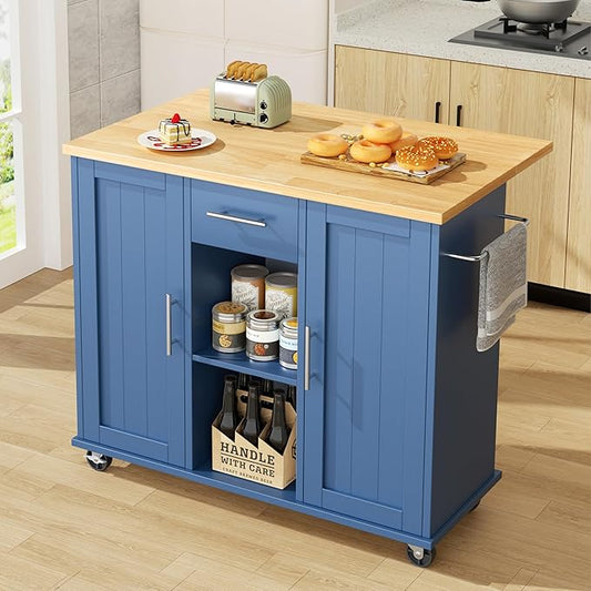 JY QAQA 42" Kitchen Island with Storage on Wheels, Rolling Table with Drop Leaf, Drawers, Cart Handle for Towel Rack or Free Movement, Blue