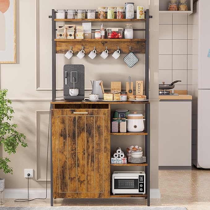 Kitchen Bakers Rack with Storage Shelf - 6-Tier Microwave Stand Oven Cabinet W/Tilting Trash Can Bin and Power Outlet, Farmhouse Thickened Coffee Bar Table Station W/6 Hooks&Adjustable feet