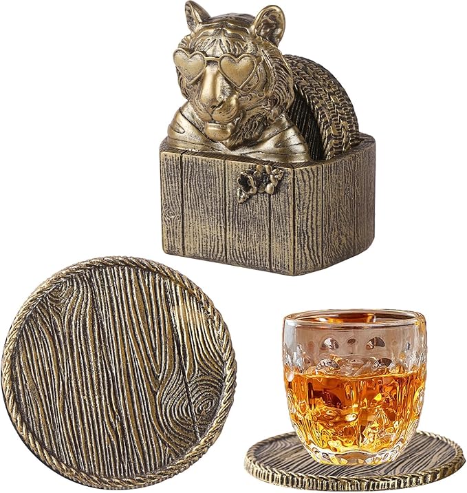 Cabin Coasters Set 6 Full Size Non-Slip Bar Coasters, Indoor Christmas Decorations, Man Cave Gifts for Men, Rustic Handmade Decor for The Home (Tiger)