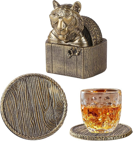 Cabin Coasters Set 6 Full Size Non-Slip Bar Coasters, Indoor Christmas Decorations, Man Cave Gifts for Men, Rustic Handmade Decor for The Home (Tiger)
