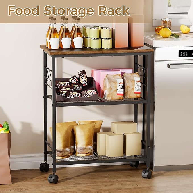 BEWISHOME Rolling Kitchen Cart 3 Tier, Microwave Kitchen Cart with Storage Function, Practical Roller Cart with 4 Locking Wheels for Kitchen, Living Room, Bathroom, Office, Bar (Brown)