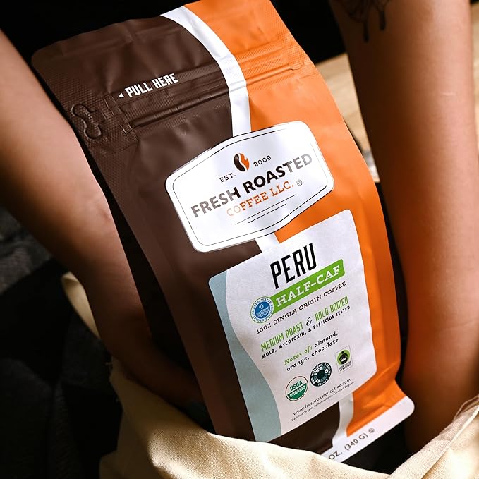 Fresh Roasted Coffee, USDA Organic Peru Water-Processed Half-Caf | 3rd Party Tested for Pesticides, Mold, Mycotoxins, Kosher | 100% Arabica, Specialty Grade, Med Roast 12 oz Whole Bean