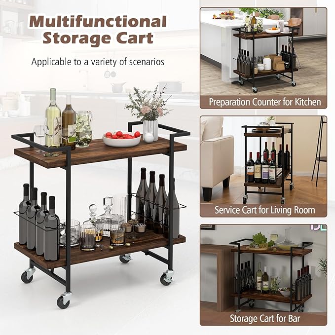 GOFLAME Bar Cart for Home, 2-Tier Kitchen Cart with Lockable Wheels and Anti-Fall Guardrail, Bar Serving Cart with Metal Frame, Rolling Beverage Storage Cart for Dining Room, Living Room