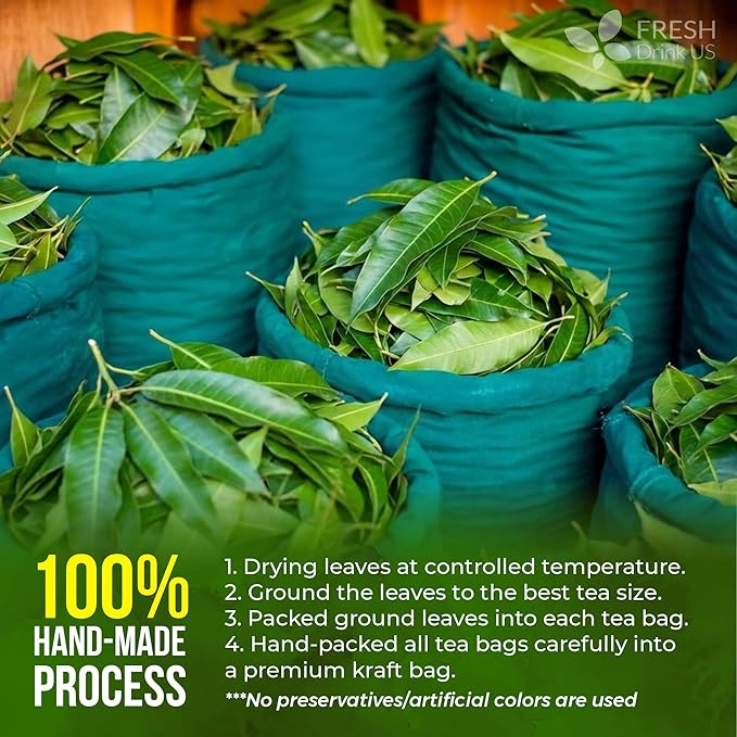 FreshDrinkUS, Premium 60 Mango Leaf Tea Bags, 100% Natural & Pure from Mango Leaves. Loose Leaf Herbal Tea. No Sugar, No Caffeine, No Gluten, Vegan.