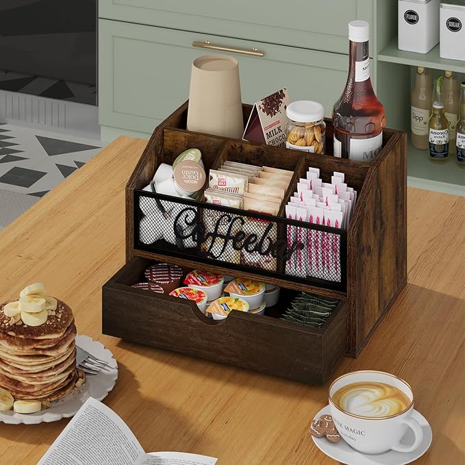 YINMIT Coffee Station Organizer with Drawer for Countertop, Wood Coffee Bar Organizer with Removable Dividers for Pods, Syrup, Cups, Stirrer, Office Bar Accessories (Iron Mesh-Vintage Brown, 2 Tier)