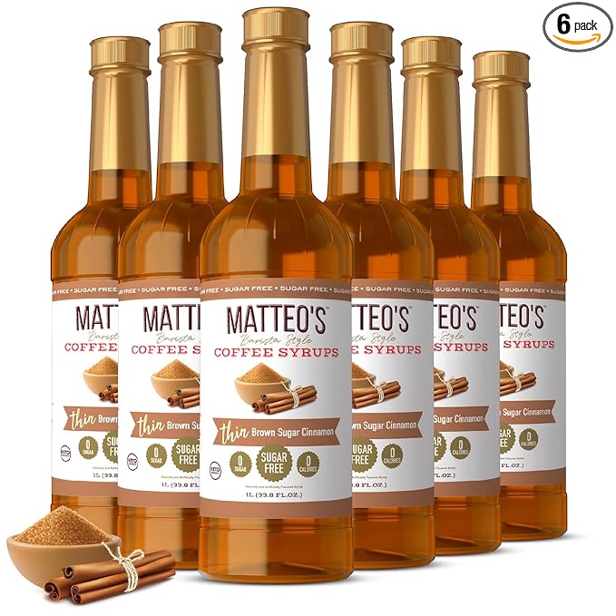 Matteo's Brown Sugar Cinnamon Syrup for Coffee, Lattes, Cappuccinos & Desserts – Sugar-Free Sweetener for Beverages, Keto Friendly, Zero Calories, Indulgent Flavor, Non-Alcoholic, 33.8oz (6pk)