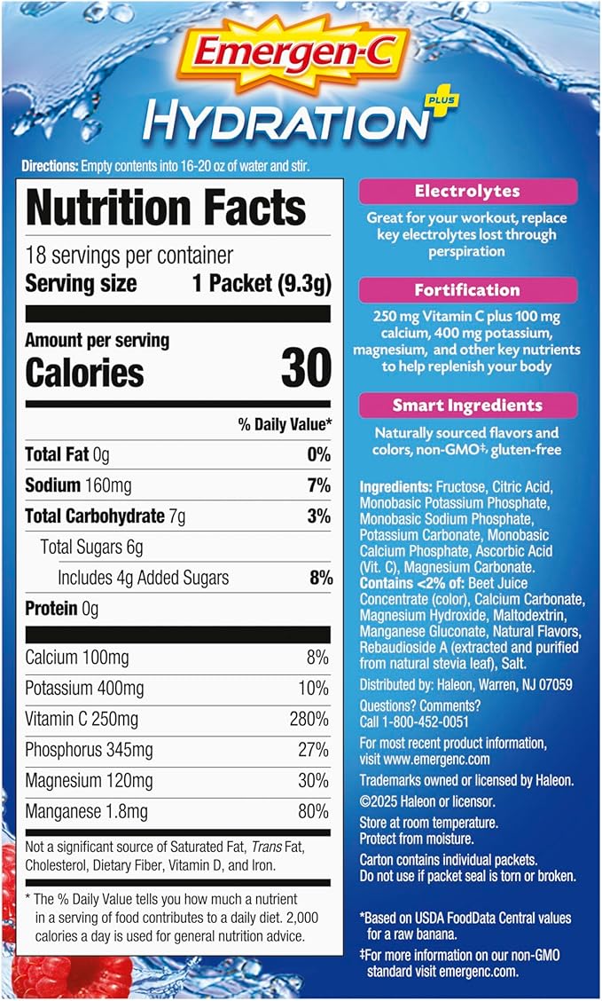 Emergen-C Hydration+ Sports Drink Mix with Vitamin C (,Raspberry Flavor),Electrolyte Replenishment,0.33 Ounce Powder Packets,(Pack of 36)