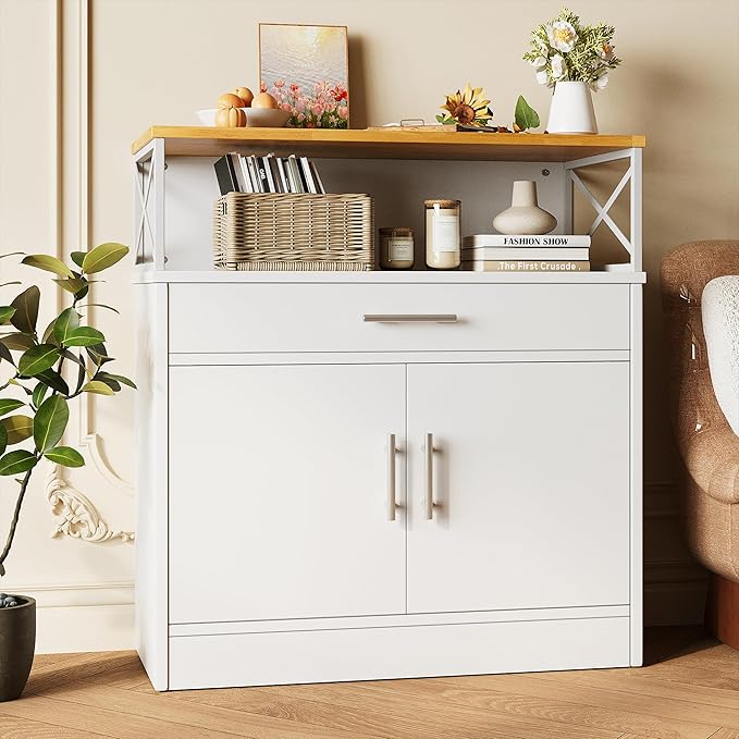 Vongrasig Coffee Bar Cabinet, Farmhouse Kitchen Storage Cabinet with Adjustable Shelf, 31“ Modern Sideboard Buffet Table for Kitchen, Dining Room, White