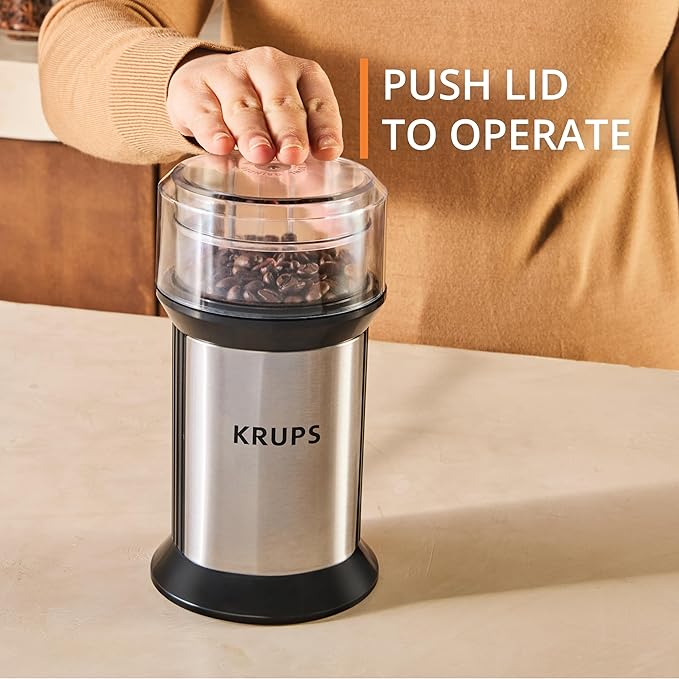 KRUPS Electric Blade Coffee Grinder 1.6 Oz, Adjustable Coarse to Fine for the Perfect Espresso, Grind Coffee Beans, Spices & Herbs, Removable Dishwasher Safe Bowl, Stainless Steel