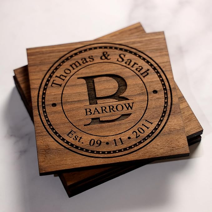 Personalized Coasters for Wedding Gifts, or Personalized Wooden Coaster Sets | Custom Coaster Set Options (2, 4, 6, 8, 16) | Handmade Wooden Coasters Made in The USA