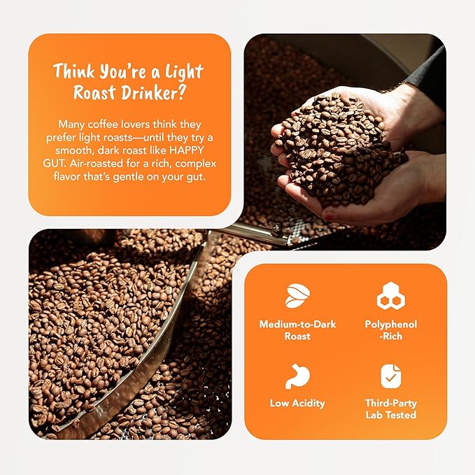 Happy Gut Coffee - Doctor-Formulated, Organic Medium-to-Dark Roast Coffee with Gut-Friendly Benefits - Gentle on Stomach - Rich Flavor, Gluten-Free, No Bitterness - 12oz - SMOOTH - Ground