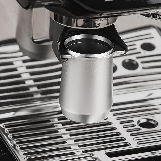 54mm Espresso Dosing Cup for Portafilter, Matte Silver Grounds Cup with Grinder-Activating Ring, Easy Transfer & Less Mess, Compatible with 54mm Breville Portafilters