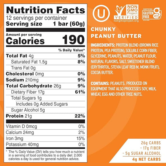 No Cow Vegan Protein Bars, Upgraded Chunky Peanut Butter | 20g Plant Based Protein, Gluten Free, Dairy Free, Soy Free, Keto Friendly, Low Sugar, High Fiber Snack Bars | Pack of 12