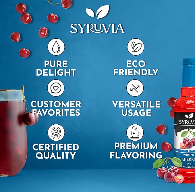Syruvia Sugar-Free Cherry Syrup, Flavored Syrup for Drinks, Cocktails, Lemonades, Iced Teas, and Desserts – 25.4 fl oz, With Pump