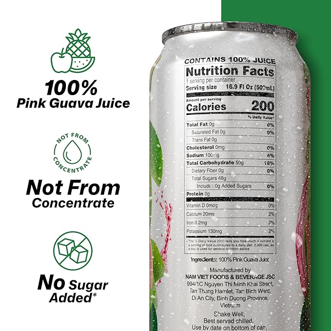 VINUT 100% Pink Guava Juice, No Added Sugar, Not From Concentrate, 16.9 fl oz (500 mL) Can, Pack of 12