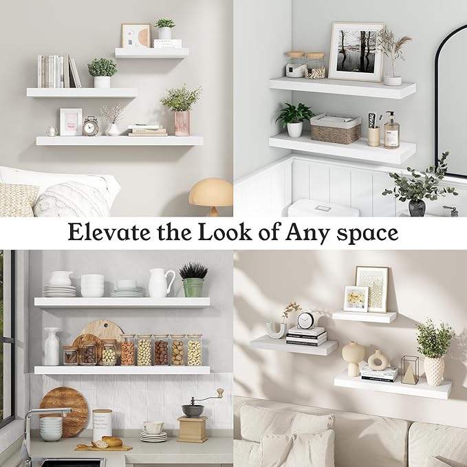 Floating Shelves for Wall, 9.3" Deep Wall Mounted Wood Shelves for Bathroom, Bedroom, Living Room, Kitchen, Hanging Shelf for Books/Storage/Room Decor (White 30")