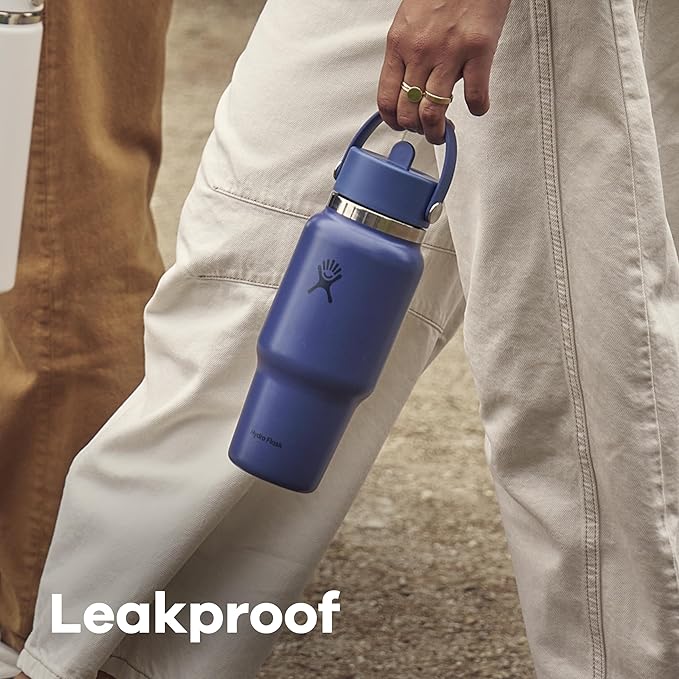 Hydro Flask Travel Water Bottle - Insulated Stainless Steel - Wide Straw Lid, Non Spill, Leakproof in 24 Oz Harbor Blue