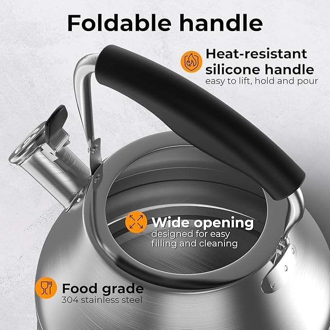 Stovetop Whistling Tea Kettle – 2.4 QT Stainless Steel Teapot with Ergonomic Handle, Fast Heating for Gas, Electric & Induction Stoves – Satin Finish, Silver