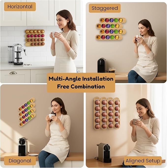 Bamboo Coffee Pod Holder, Adhesive Wall Mount (No Drilling) for Inside Cabinet Door, 20-Capsule Storage (Set of 4), Vertical & Horizontal, Compatible with Nespresso Vertuo Line-Bamboo Brown