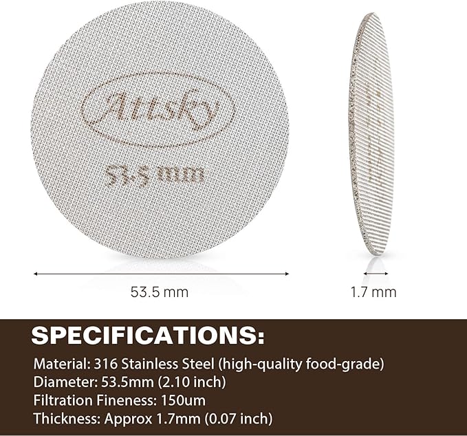Attsky 53.5mm Espresso Puck Screen, Espresso Filter for 54mm Portafilter Filter Basket, Reusable Espresso Screen with 1.7mm Thickness 150μm 316 Stainless Steel