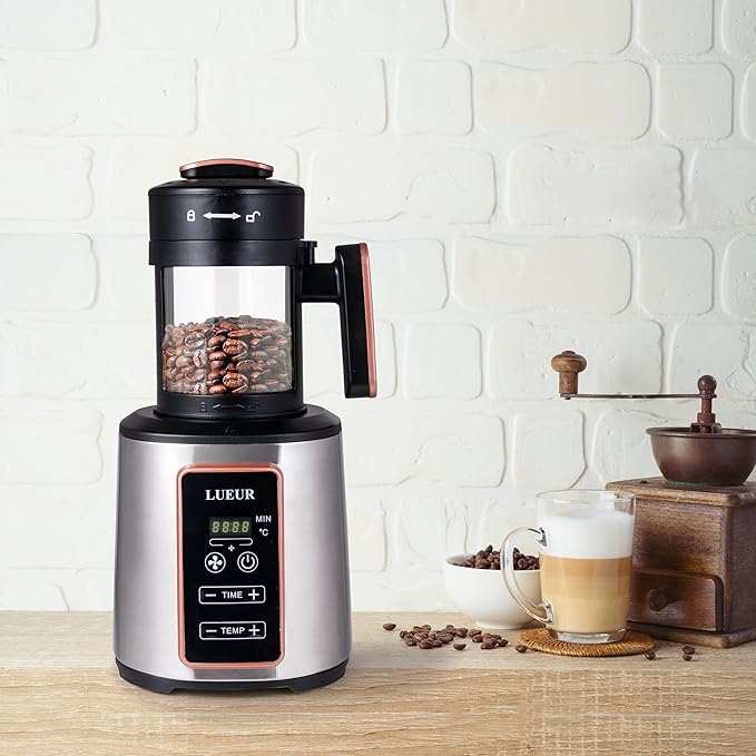 LUEUR Electric Coffee Bean Roaster Machine for Home Use, 1500W Hot Air Coffee Roaster with Adjustable Timer, Variable Heat & Air Fan Settings, Chaff Collection Basket, 100g Capacity