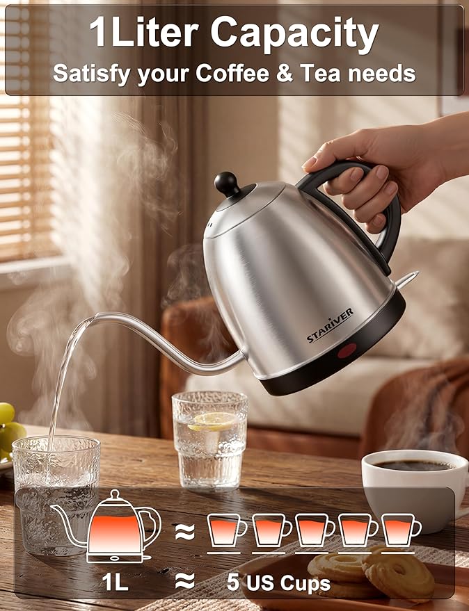 Stariver Electric Kettle Gooseneck Kettle, 1L Water Boiler, BPA-Free, Pour Over Tea Pot Stainless Steel for Coffee & Tea with Fast Heating, Auto-Shut Off and Boil-Dry Protection Tech