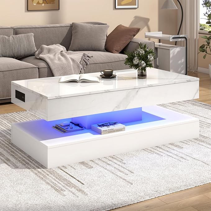 47.2" Large Lift Top Coffee Table, Modern LED High Glossy Coffee Table with Charging Station, Lights, Hidden Compartment Storage, Lift Center Tables for Living Room, Home Office, White