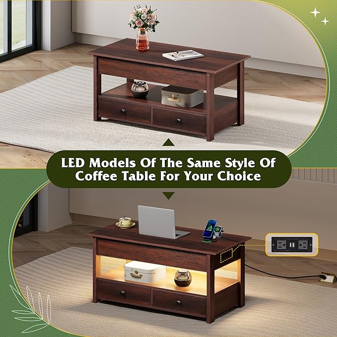 WLIVE Coffee Table, Lift Top Coffee Table with 2Drawers, LED Light, Large Storage and Open ShelfLift Tabletop for Living Room, Espresso