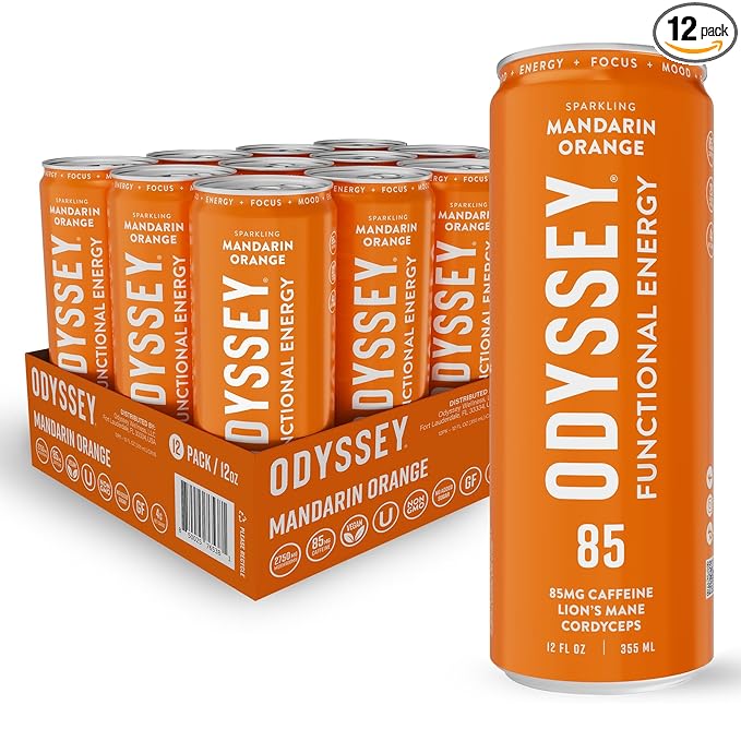 Odyssey Functional Energy Drink for Focus, Cognition & Mood Support 12 Pack - Adaptogenic Drink with 85mg Green Tea Caffeine, Lion’s Mane, Cordyceps, L-Theanine & Ginseng, Sparkling Orange