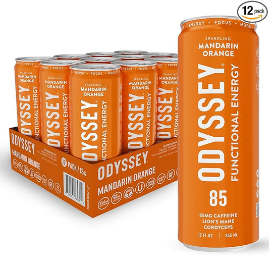 Odyssey Functional Energy Drink for Focus, Cognition & Mood Support 12 Pack - Adaptogenic Drink with 85mg Green Tea Caffeine, Lion’s Mane, Cordyceps, L-Theanine & Ginseng, Sparkling Orange
