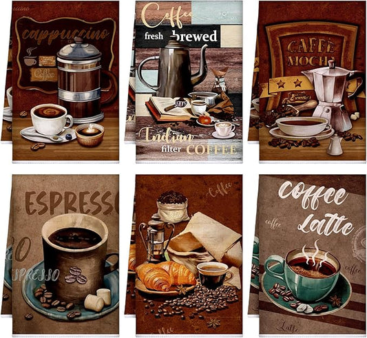 Boyiee Set of 6 Coffee Kitchen Towels Brown Dish Towels 24 x 16 Inches Absorbent Decorative Dish Cloths Retro Hand Accessories for Coffee Bar Decor Housewarming Gifts Wedding Shower Decoration